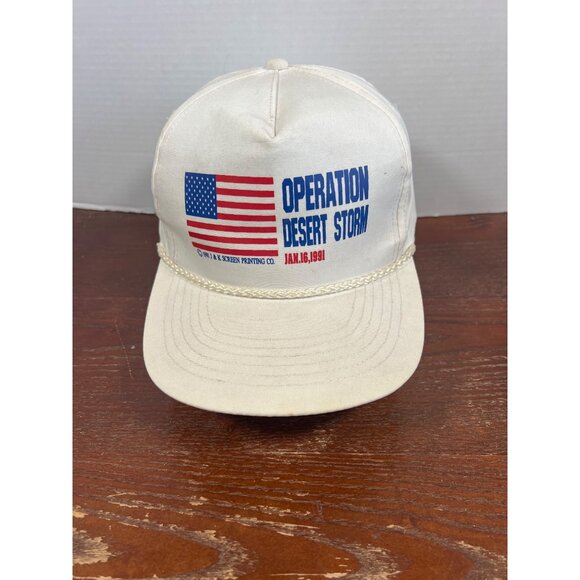 Vintage Operation Desert Storm White Adjustable Hat 1991 USA Flag PrintX3 - Picture 1 of 5
